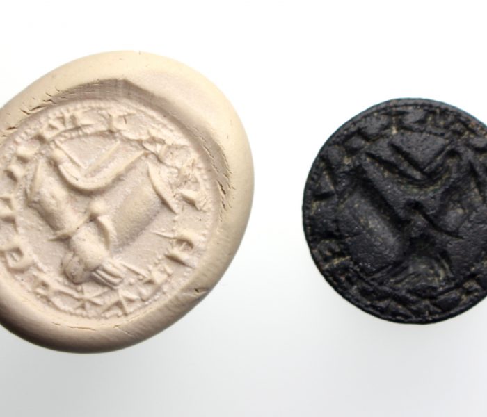 Medieval Bronze Seal Matrix Clasped Hands, Dove-15221