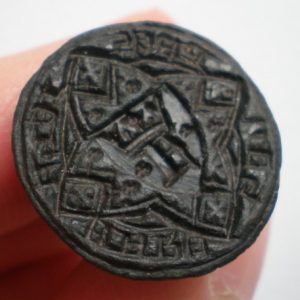 Medieval Bronze Personal Pedestal Seal, Crowned 'R' in Quatrefoil Device, c.14th / 15th Century AD-13677