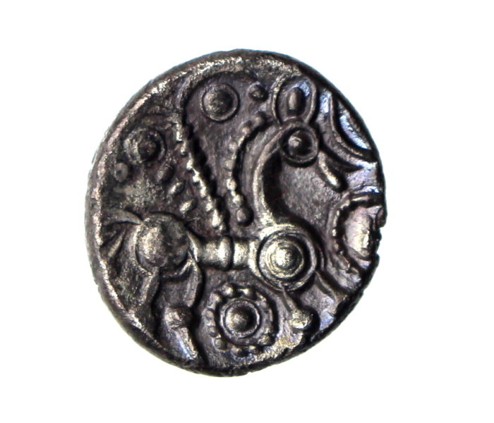 Trinovantes Silver Unit Face Over Horse Late 1st Century BC excess rare, finest of 4 known -16404