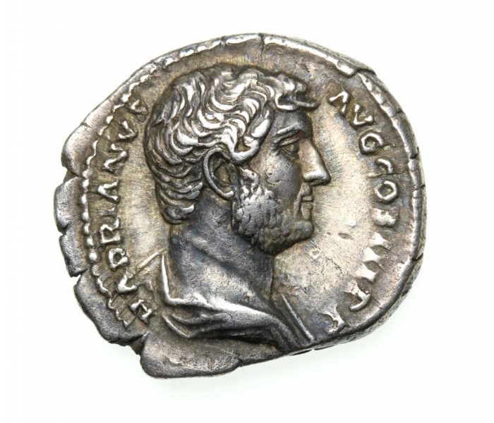 Hadrian 117-138AD Silver Denarius Romulus advancing rt. Rome