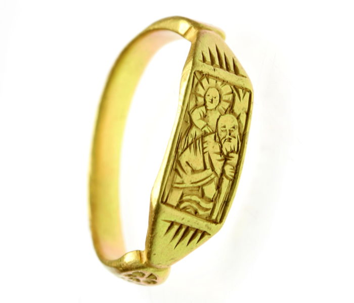 Medieval Gold Iconographic Ring 15th Century AD depicting St Christopher