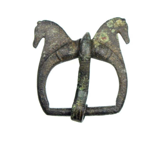 Roman Bronze Buckle Depicting dolphins and horse protomes 5th Century AD complete with pin