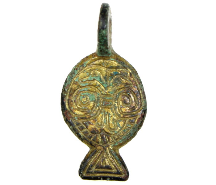 Medieval (Early) Bronze Gilded Chip-carved Pendant depicting Lions face 12th/13th Century AD