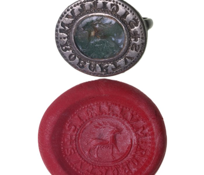 Medieval Personal Silver Seal Matrix with intaglio stone depicting stag13th Century AD