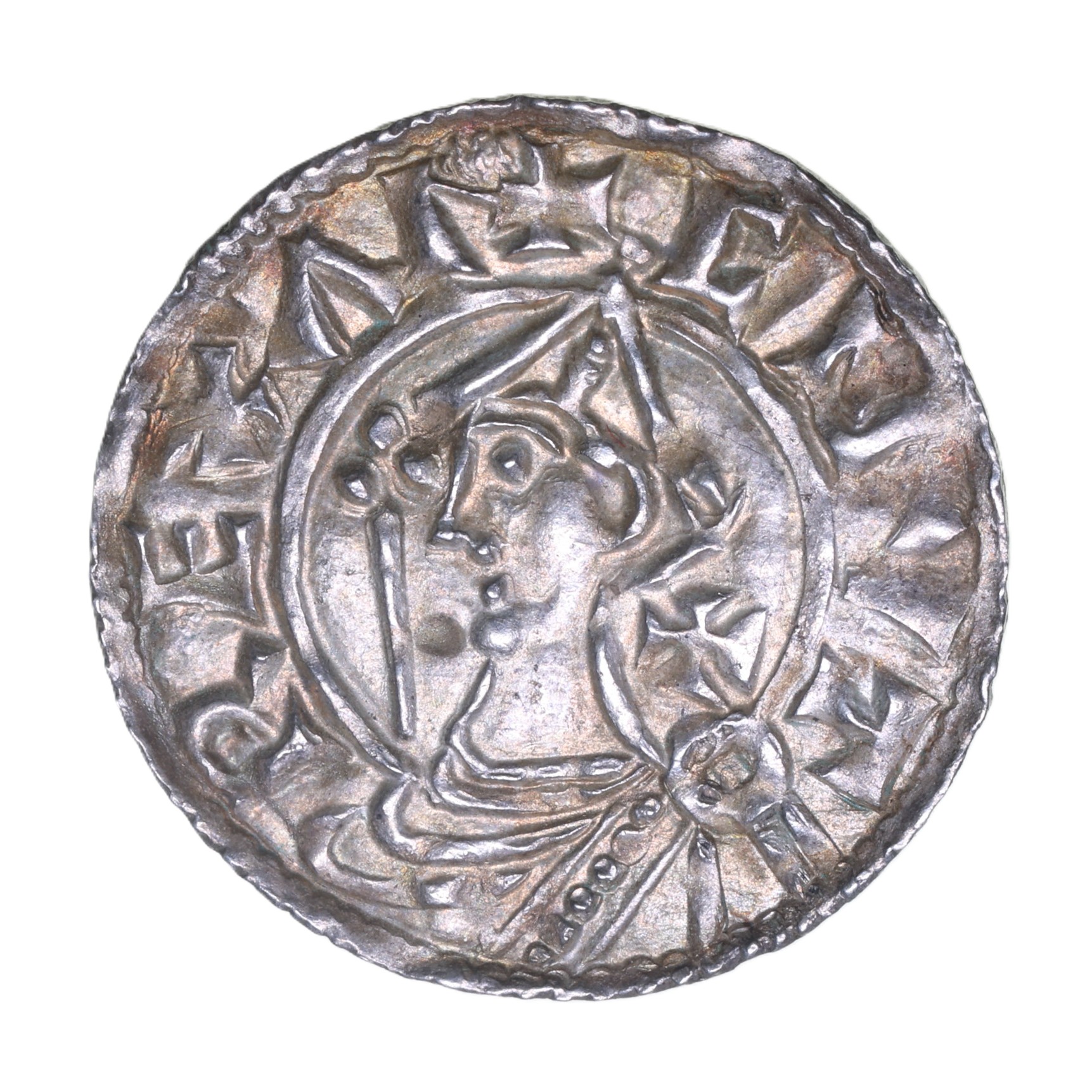 Cnut AD 1016-1035 Silver Penny Pointed Helmet type Lincoln Cross behind bust (Rare)