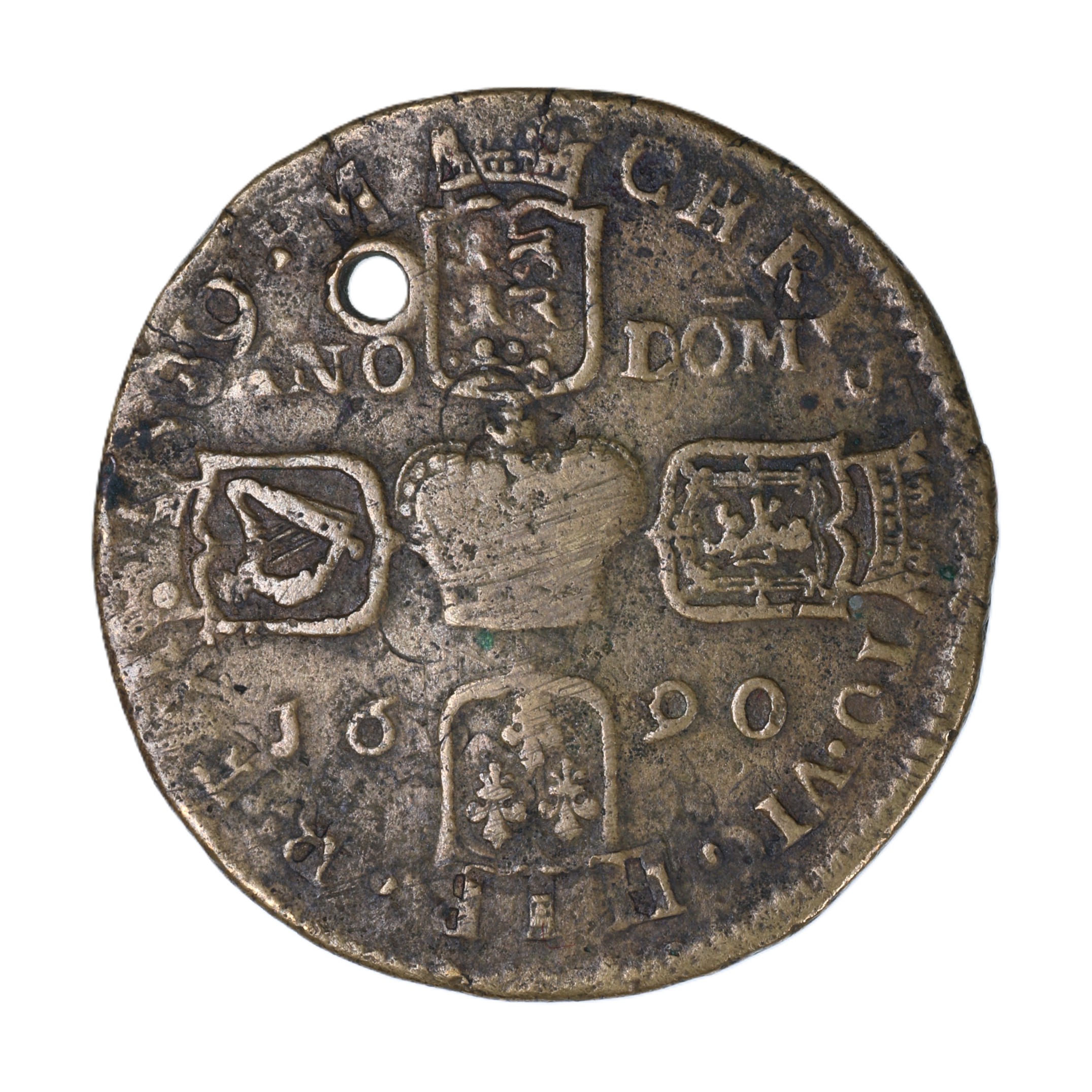 Ireland Gunmoney James II AD 1685-1691 Civil War Coinage Brass Gunmoney Crown AD 1690 Pierced - Image 2